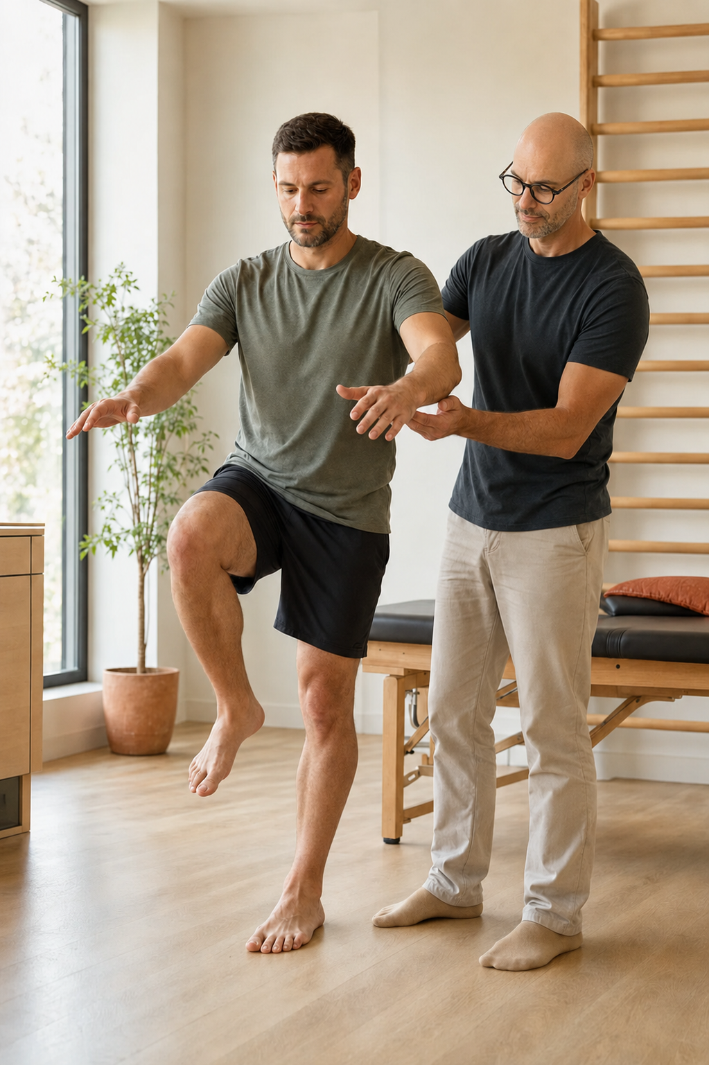 Nicolas Dresse accompagnant un patient pendant un exercice de rééducation